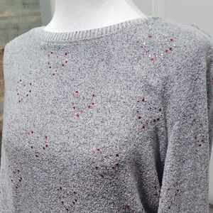 Cactus + Pearl Gray Crew Neck Sweater, Embellished Tiny Red, Pink Hearts Size M